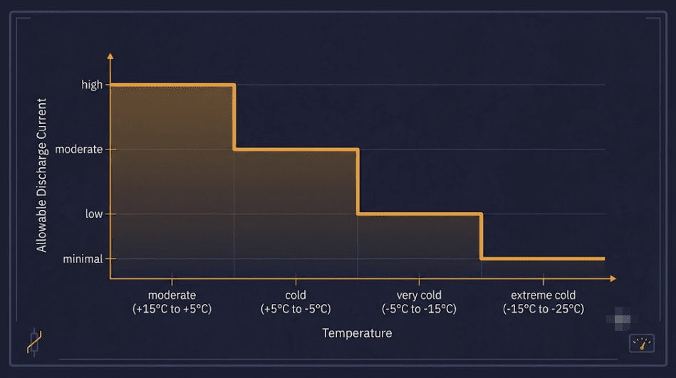 Cold-Climate Current De-Rating Step Chart - SunLith Energy SunLith Energy Step chart showing allowable discharge current de-rating in stages as pack temperature falls through cold-climate bands