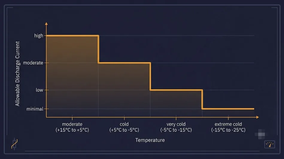 Step chart showing allowable discharge current de-rating in stages as pack temperature falls through cold-climate bands