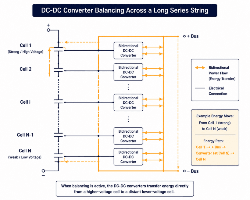 DC-DC converter active balancing circuit schematic showing any-cell-to-any-cell energy transfer