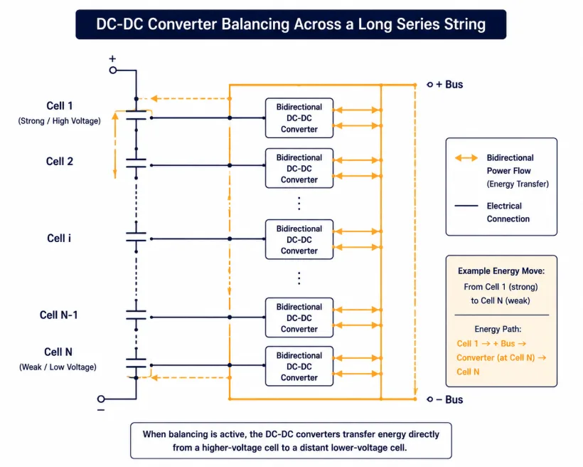 SunLith Energy DC-DC converter active balancing circuit schematic showing any-cell-to-any-cell energy transfer