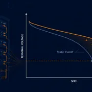 DCIR-Adaptive Voltage Cutoff Design for LFP BESS - SunLith Energy SunLith Energy Diagram of battery racks on the left with a graph showing terminal voltage vs SOC, comparing DCIR-Adaptive and Static Cutoff curves (orange and blue).