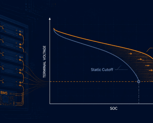 DCIR-Adaptive Voltage Cutoff Design for LFP BESS - SunLith Energy SunLith Energy Diagram of battery racks on the left with a graph showing terminal voltage vs SOC, comparing DCIR-Adaptive and Static Cutoff curves (orange and blue).