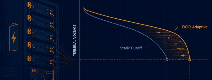 Diagram of battery racks on the left with a graph showing terminal voltage vs SOC, comparing DCIR-Adaptive and Static Cutoff curves (orange and blue).