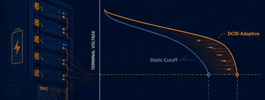 DCIR-Adaptive Voltage Cutoff Design for LFP BESS - SunLith Energy SunLith Energy Diagram of battery racks on the left with a graph showing terminal voltage vs SOC, comparing DCIR-Adaptive and Static Cutoff curves (orange and blue).