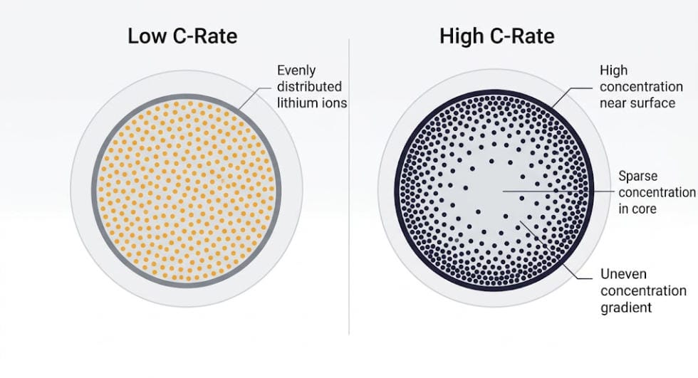Lithium concentration gradient at high C-rate causing DoD C-rate stress