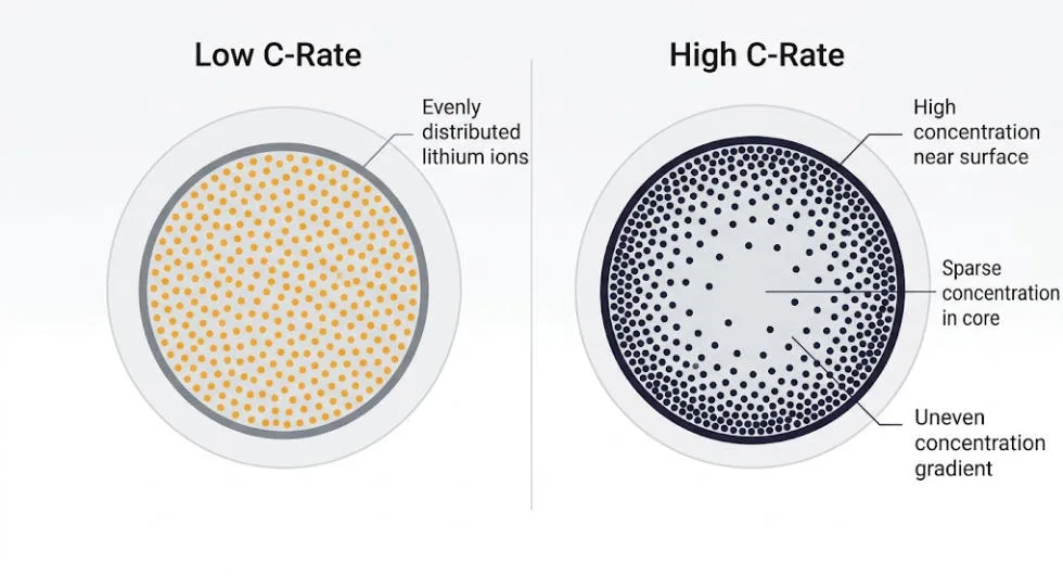 Concentration Polarization at High C-Rate - SunLith Energy SunLith Energy Lithium concentration gradient at high C-rate causing DoD C-rate stress