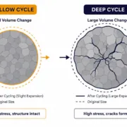Particle Cracking from Depth of Discharge and C-Rate Stress - SunLith Energy SunLith Energy DoD C-rate stress shown as particle cracking in LFP electrodes