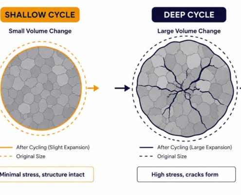 Particle Cracking from Depth of Discharge and C-Rate Stress - SunLith Energy SunLith Energy DoD C-rate stress shown as particle cracking in LFP electrodes