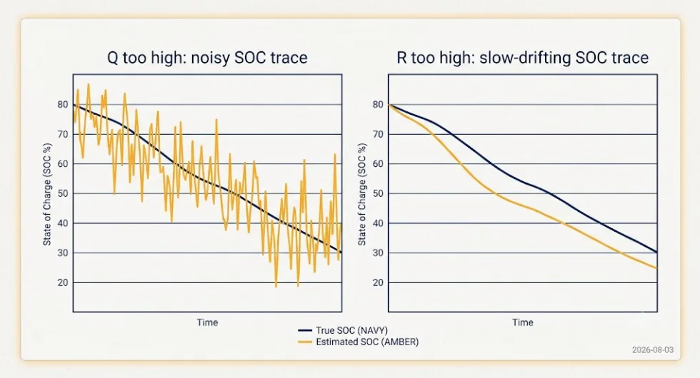 EKF Q and R Covariance Tuning Comparison - SunLith Energy SunLith Energy Chart comparing SOC estimation behavior when process covariance Q is too high versus measurement covariance R is too high