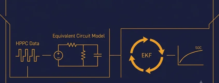 EKF SOC Estimation Design for LFP BESS - SunLith Energy SunLith Energy Diagram of an EKF SOC estimation pipeline showing HPPC pulse data feeding an equivalent circuit model and Kalman filter correction loop for LFP cells