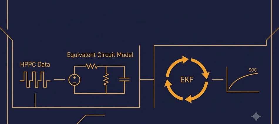 SunLith Energy Diagram of an EKF SOC estimation pipeline showing HPPC pulse data feeding an equivalent circuit model and Kalman filter correction loop for LFP cells
