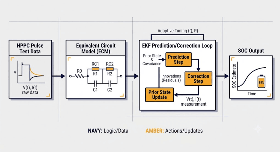 Diagram of EKF SOC estimation design showing HPPC data feeding an equivalent circuit model
Title: EKF SOC Estimation Design Process Diagram