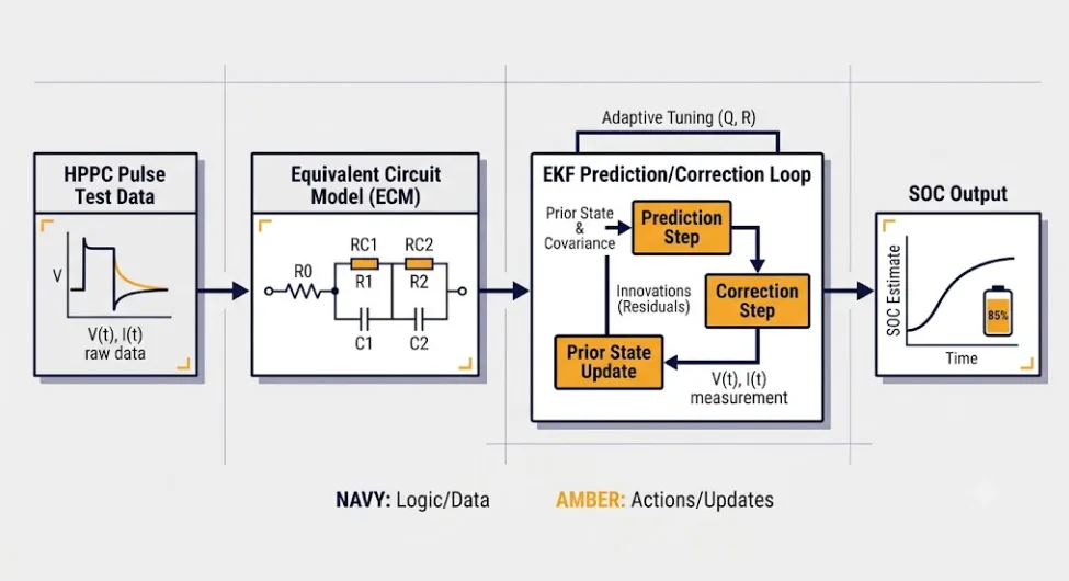 EKF SOC Estimation Design - SunLith Energy SunLith Energy Diagram of EKF SOC estimation design showing HPPC data feeding an equivalent circuit model Title: EKF SOC Estimation Design Process Diagram