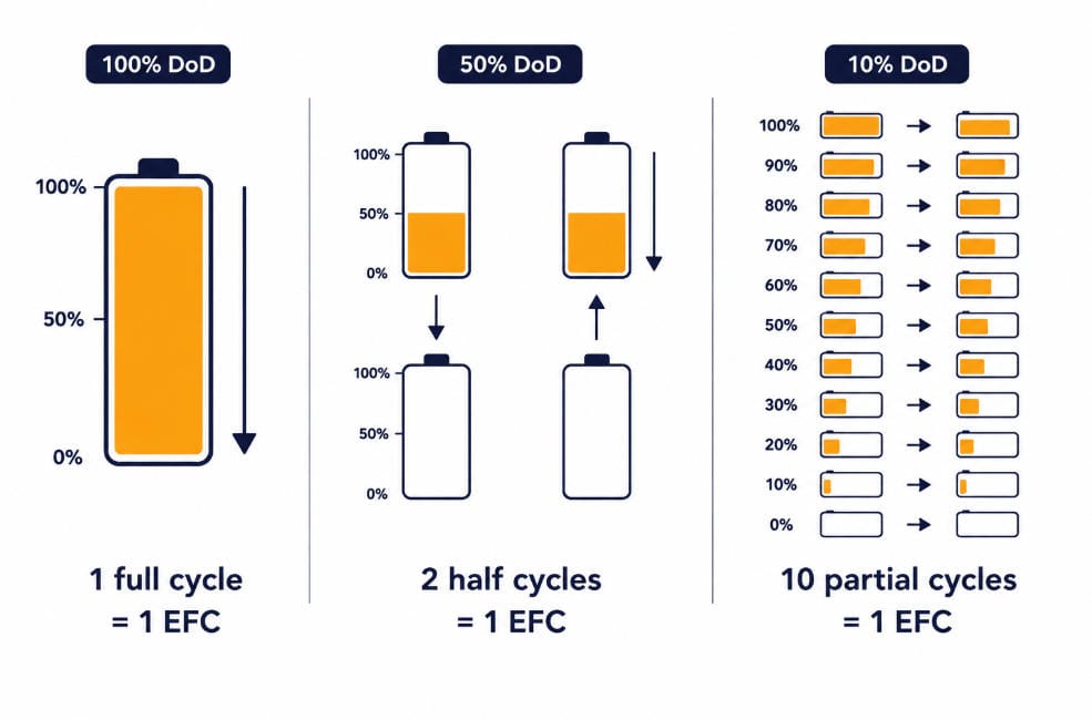Equivalent Full Cycle EFC method for measuring cycle aging in BESS
