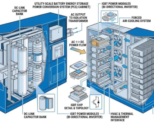 SunLith Energy Fault ride-through features inside a BESS PCS cabinet — IGBT modules, DC-link capacitors, and brake chopper