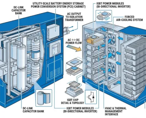 Fault Ride-Through Features Inside a BESS PCS Cabinet - SunLith Energy SunLith Energy Fault ride-through features inside a BESS PCS cabinet — IGBT modules, DC-link capacitors, and brake chopper