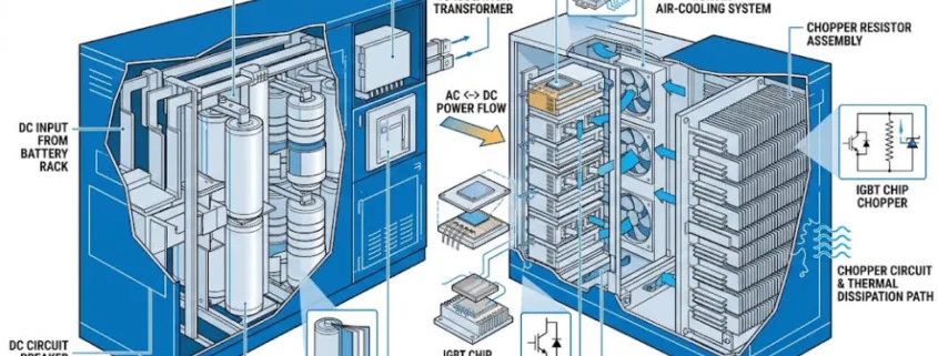 Fault ride-through features inside a BESS PCS cabinet — IGBT modules, DC-link capacitors, and brake chopper