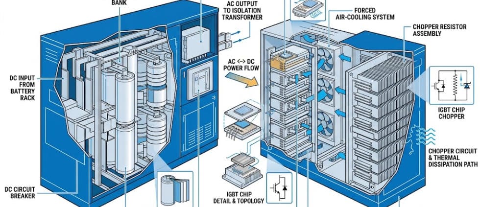 Fault Ride-Through Features Inside a BESS PCS Cabinet - SunLith Energy SunLith Energy Fault ride-through features inside a BESS PCS cabinet — IGBT modules, DC-link capacitors, and brake chopper