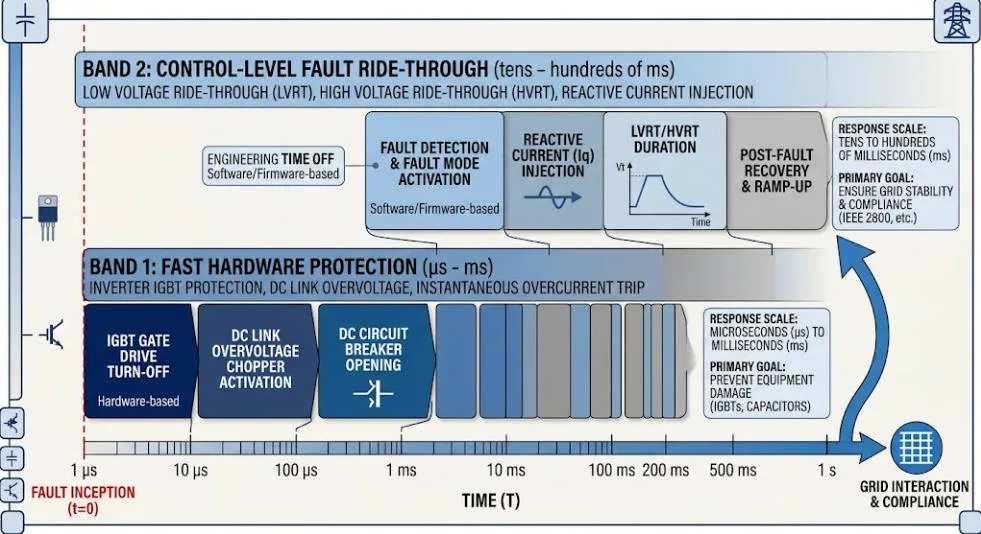 Timeline of hardware and control-level fault ride-through features from microseconds to hundreds of milliseconds