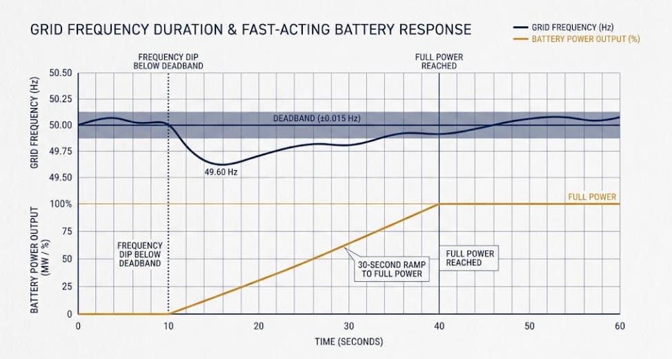 How FCR Responds to a Frequency Deviation - SunLith Energy SunLith Energy Diagram showing Frequency Containment Reserve activation and grid frequency deviation within 30 seconds