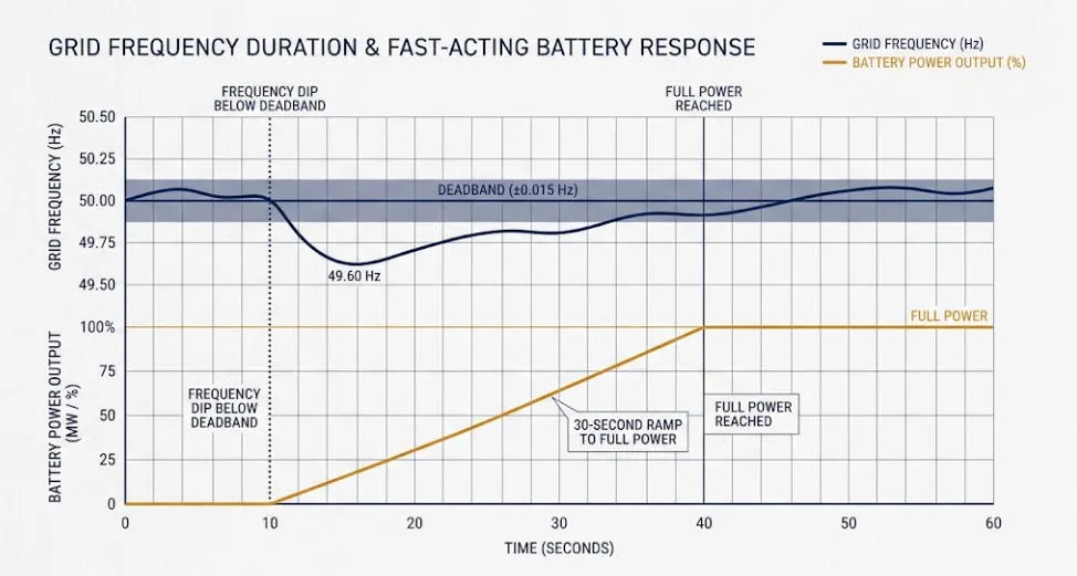 Diagram showing Frequency Containment Reserve activation and grid frequency deviation within 30 seconds