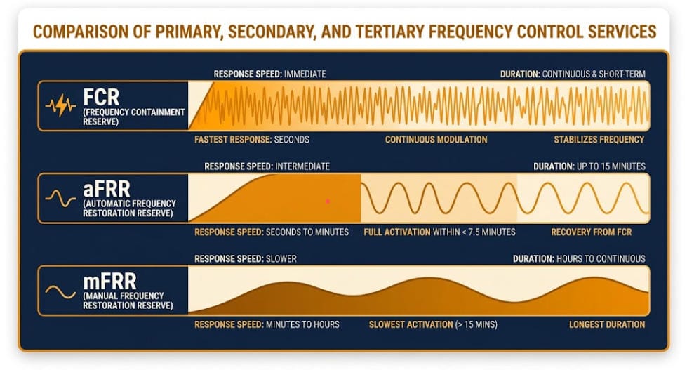 Comparing FCR, aFRR, and mFRR Response Times - SunLith Energy SunLith Energy Comparison chart of FCR, aFRR, and mFRR response times and durations