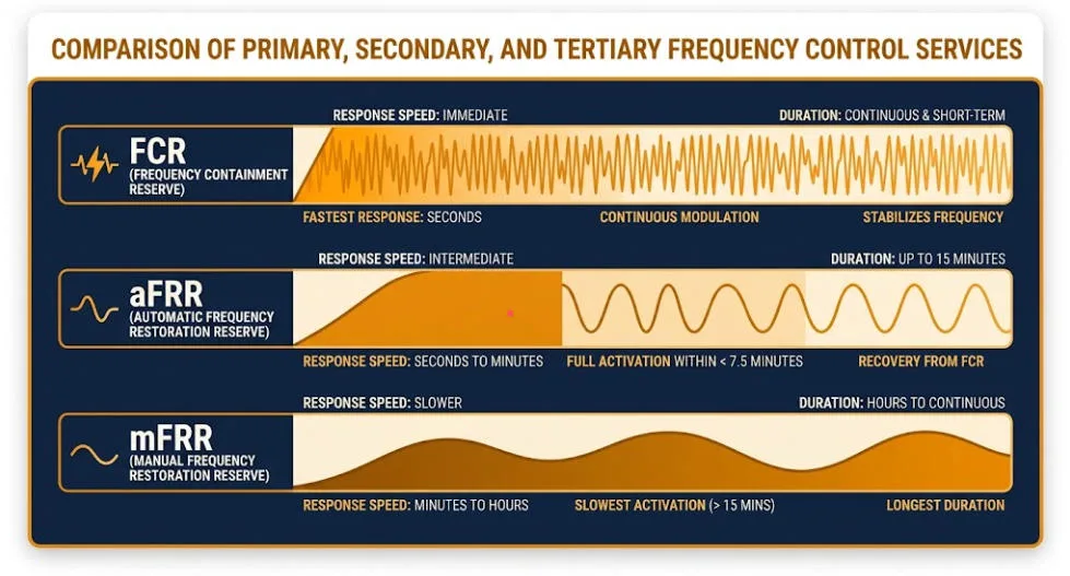 Comparison chart of FCR, aFRR, and mFRR response times and durations