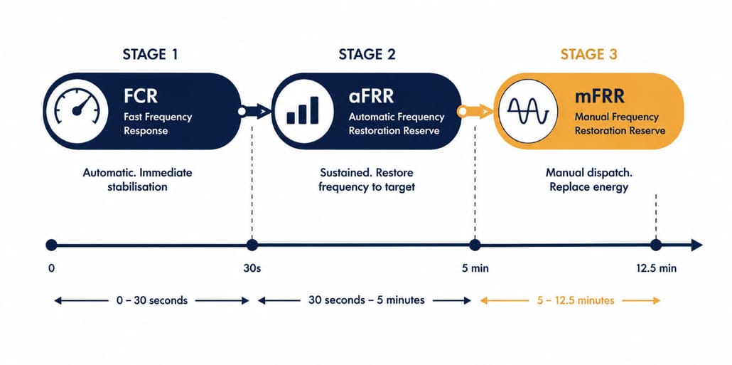 Frequency Restoration Reserve timeline comparing FCR, aFRR, and mFRR activation stages