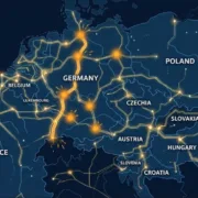 SunLith Energy Flow-based market coupling map of the Core Capacity Calculation Region showing grid congestion corridors in Central Europe