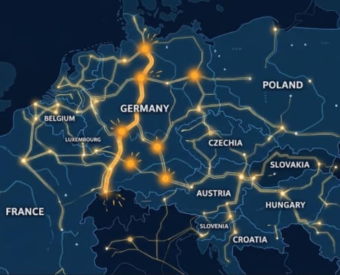 SunLith Energy Flow-based market coupling map of the Core Capacity Calculation Region showing grid congestion corridors in Central Europe
