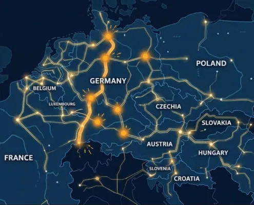 Flow-Based Market Coupling Core Region Grid Map - SunLith Energy SunLith Energy Flow-based market coupling map of the Core Capacity Calculation Region showing grid congestion corridors in Central Europe