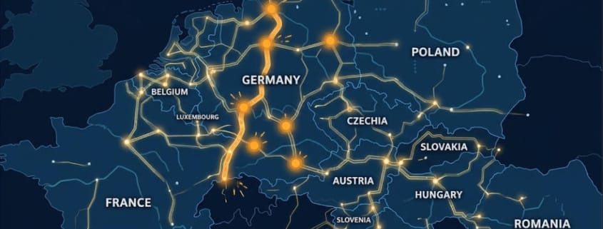 SunLith Energy Flow-based market coupling map of the Core Capacity Calculation Region showing grid congestion corridors in Central Europe