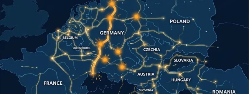 Flow-based market coupling map of the Core Capacity Calculation Region showing grid congestion corridors in Central Europe