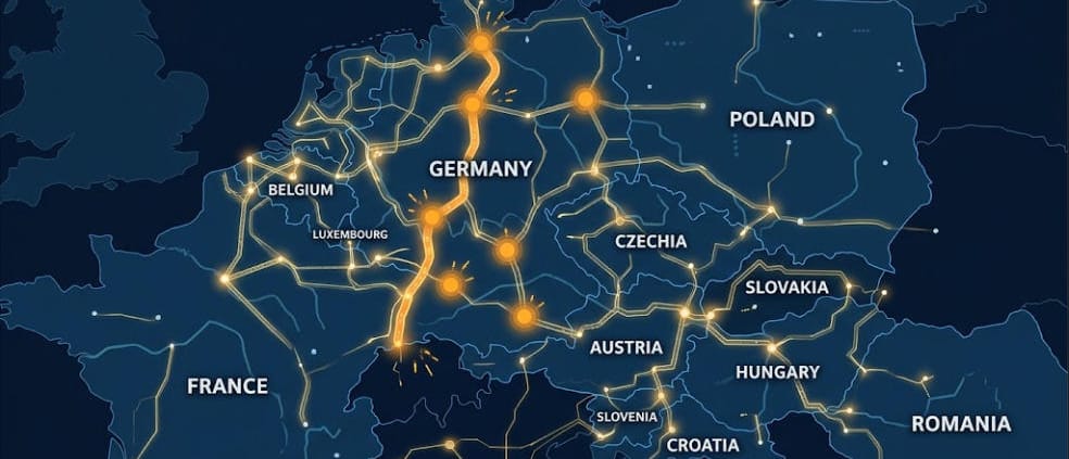 SunLith Energy Flow-based market coupling map of the Core Capacity Calculation Region showing grid congestion corridors in Central Europe