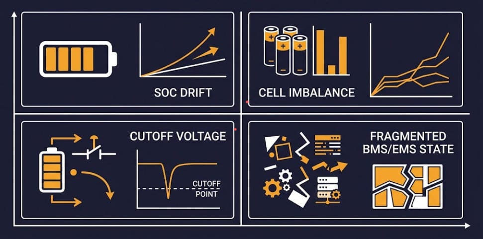 Chart showing four root causes of stranded capacity in a BESS: SOC drift, imbalance, cutoffs, fragmented state