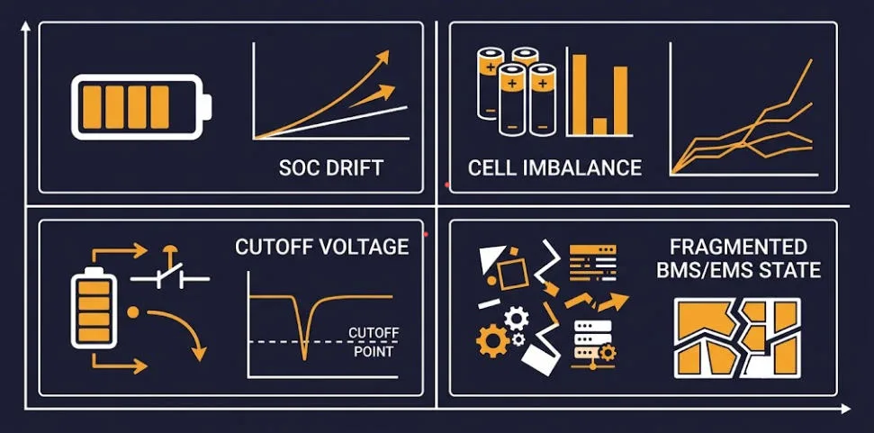 Four Root Causes of Stranded BESS Capacity - SunLith Energy SunLith Energy Chart showing four root causes of stranded capacity in a BESS: SOC drift, imbalance, cutoffs, fragmented state