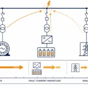 SunLith Energy Infographic showing three fault-current scenarios on a power network: left motor, center transformer with storage blocks, and right transmission tower; orange arrows depict fault paths and relative current sizes, with a scale labeled from Larger to Smaller at the bottom.