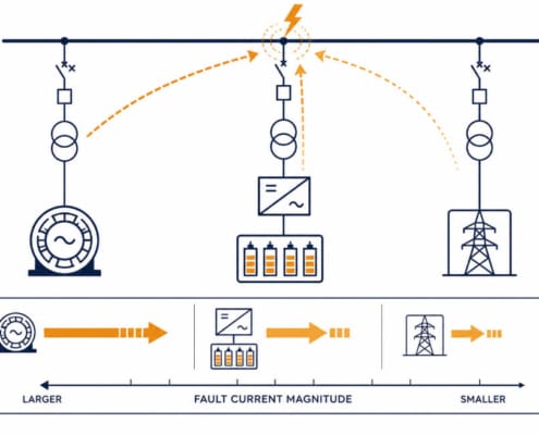 SunLith Energy Infographic showing three fault-current scenarios on a power network: left motor, center transformer with storage blocks, and right transmission tower; orange arrows depict fault paths and relative current sizes, with a scale labeled from Larger to Smaller at the bottom.