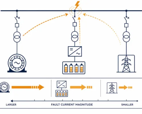 IEC 60909 Explained: AC Short-Circuit Current Calculation - SunLith Energy SunLith Energy Infographic showing three fault-current scenarios on a power network: left motor, center transformer with storage blocks, and right transmission tower; orange arrows depict fault paths and relative current sizes, with a scale labeled from Larger to Smaller at the bottom.