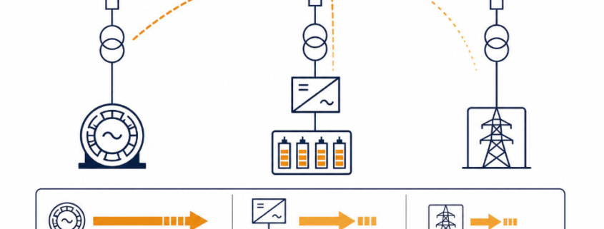 Infographic showing three fault-current scenarios on a power network: left motor, center transformer with storage blocks, and right transmission tower; orange arrows depict fault paths and relative current sizes, with a scale labeled from Larger to Smaller at the bottom.