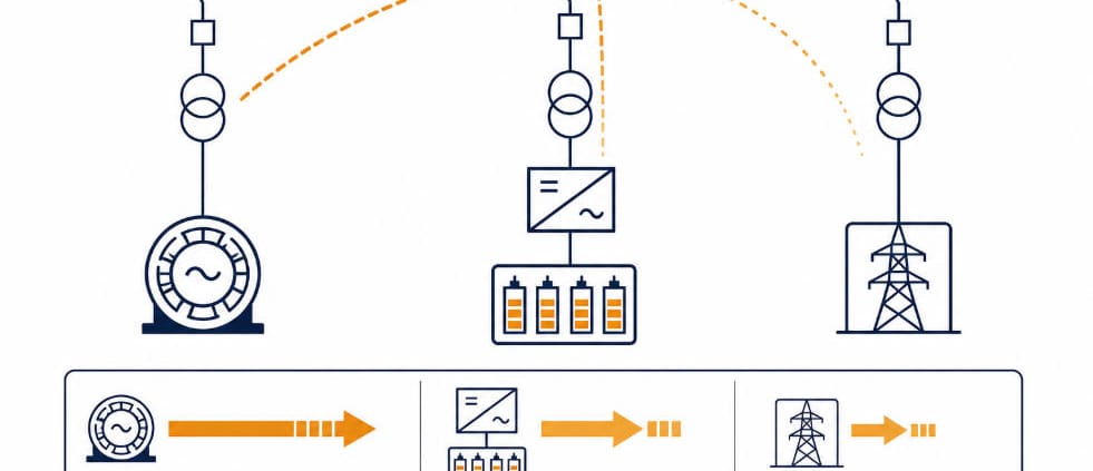 SunLith Energy Infographic showing three fault-current scenarios on a power network: left motor, center transformer with storage blocks, and right transmission tower; orange arrows depict fault paths and relative current sizes, with a scale labeled from Larger to Smaller at the bottom.