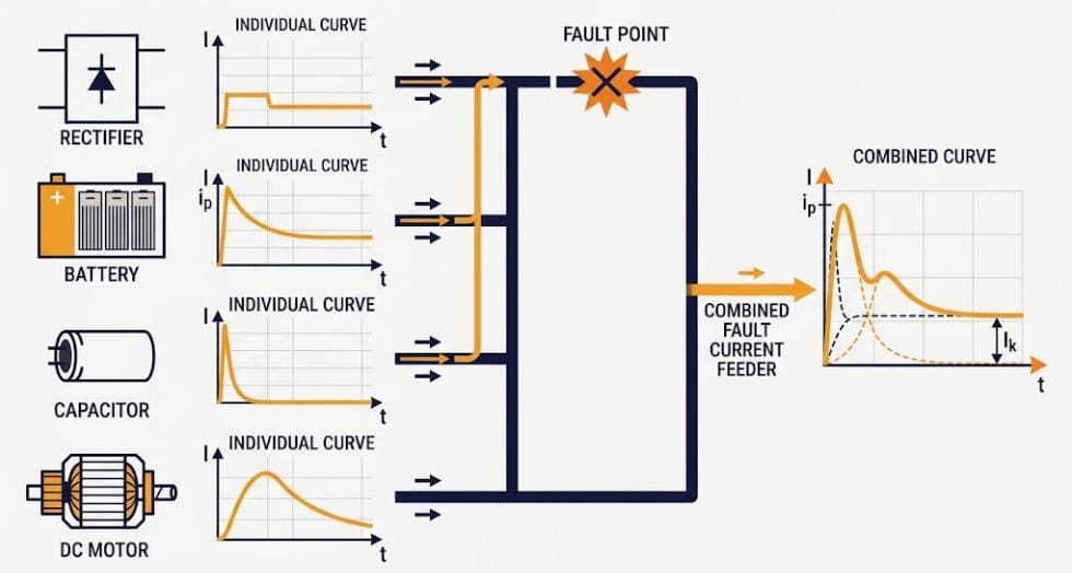 Combining rectifier, battery, capacitor, and DC motor fault currents per IEC 61660