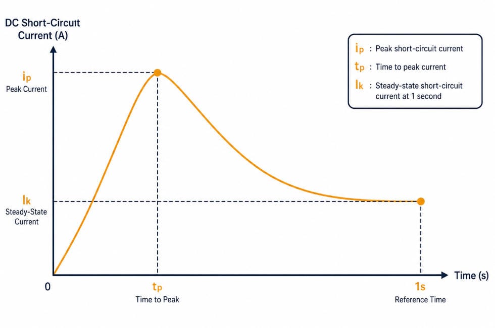 DC Fault Current Curve: Peak Current vs. Quasi-Steady-State Current - SunLith Energy SunLith Energy IEC 61660 peak current ip and quasi-steady-state current Ik on a DC fault current curve