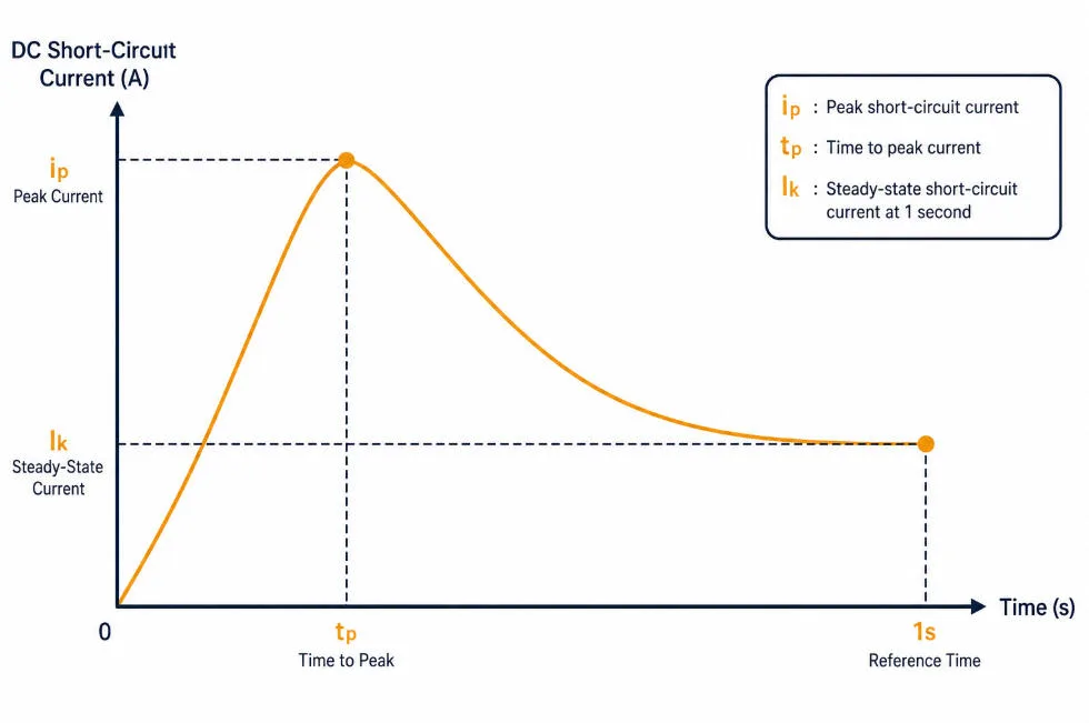 IEC 61660 peak current ip and quasi-steady-state current Ik on a DC fault current curve