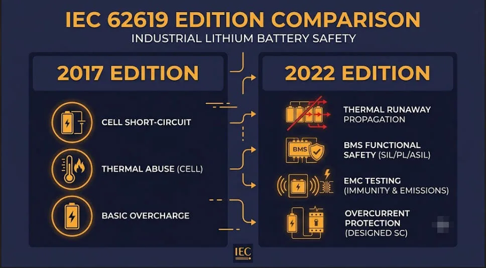 IEC 62619:2017 vs 2022 — What Changed - SunLith Energy SunLith Energy IEC 62619 2017 vs 2022 edition changes comparison graphic