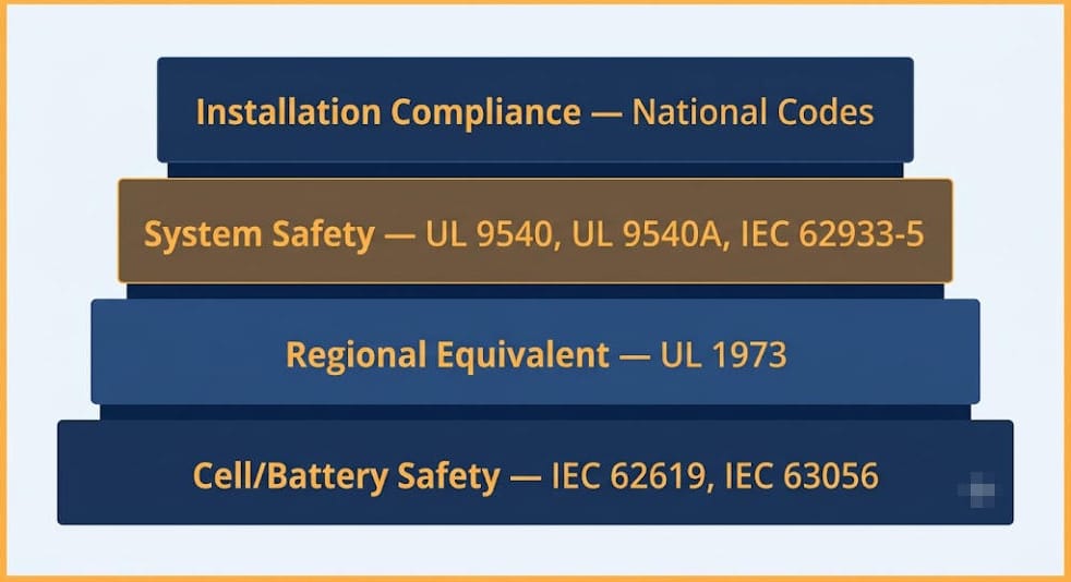 Stacked bars listing battery safety standards: Installation Compliance, System Safety, Regional Equivalent, and Cell/Battery Safety codes (UL/IEC).