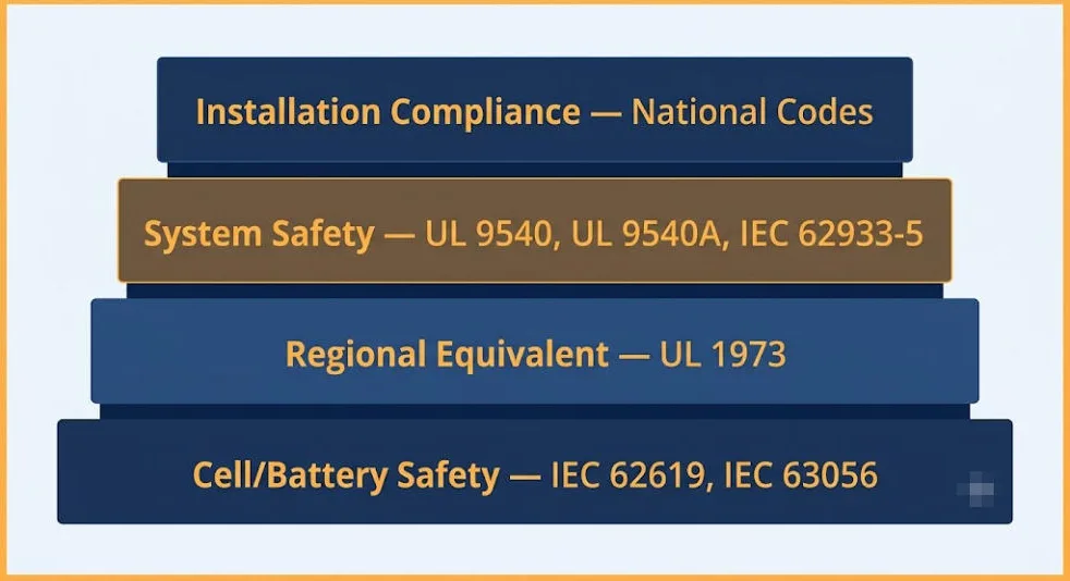 The BESS Certification Stack: Where IEC 62619 Fits - SunLith Energy SunLith Energy Stacked bars listing battery safety standards: Installation Compliance, System Safety, Regional Equivalent, and Cell/Battery Safety codes (UL/IEC).