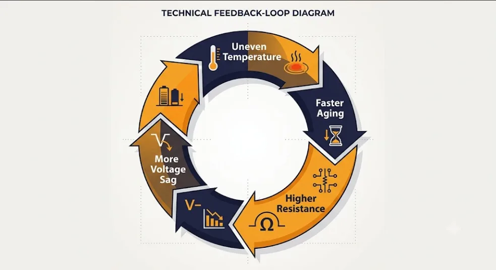 Diagram of the feedback loop between heat, aging, and in-service cell imbalance in an LFP pack
Title: In-Service Cell Imbalance Feedback Loop Diagram