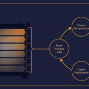 Designing Against In-Service Cell Imbalance in LFP BESS - SunLith Energy SunLith Energy LFP battery pack cross-section showing the heat-to-imbalance feedback loop between uneven cell temperature, faster aging, and rising resistance