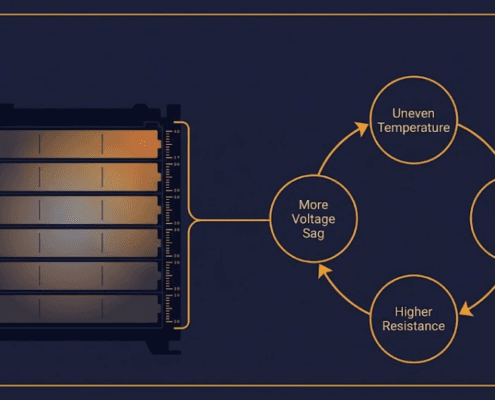 Designing Against In-Service Cell Imbalance in LFP BESS - SunLith Energy SunLith Energy LFP battery pack cross-section showing the heat-to-imbalance feedback loop between uneven cell temperature, faster aging, and rising resistance